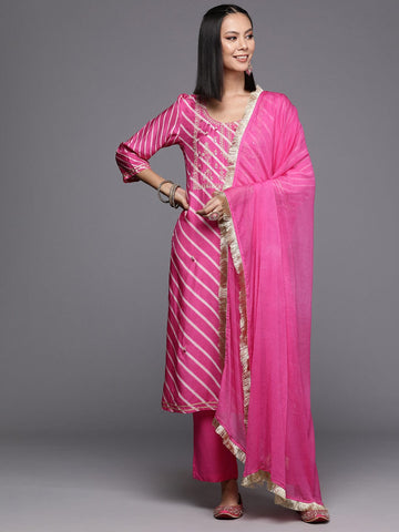 Varanga Women Pink Lehariya Embroidered Straight Kurta With Bottom And Dupatta